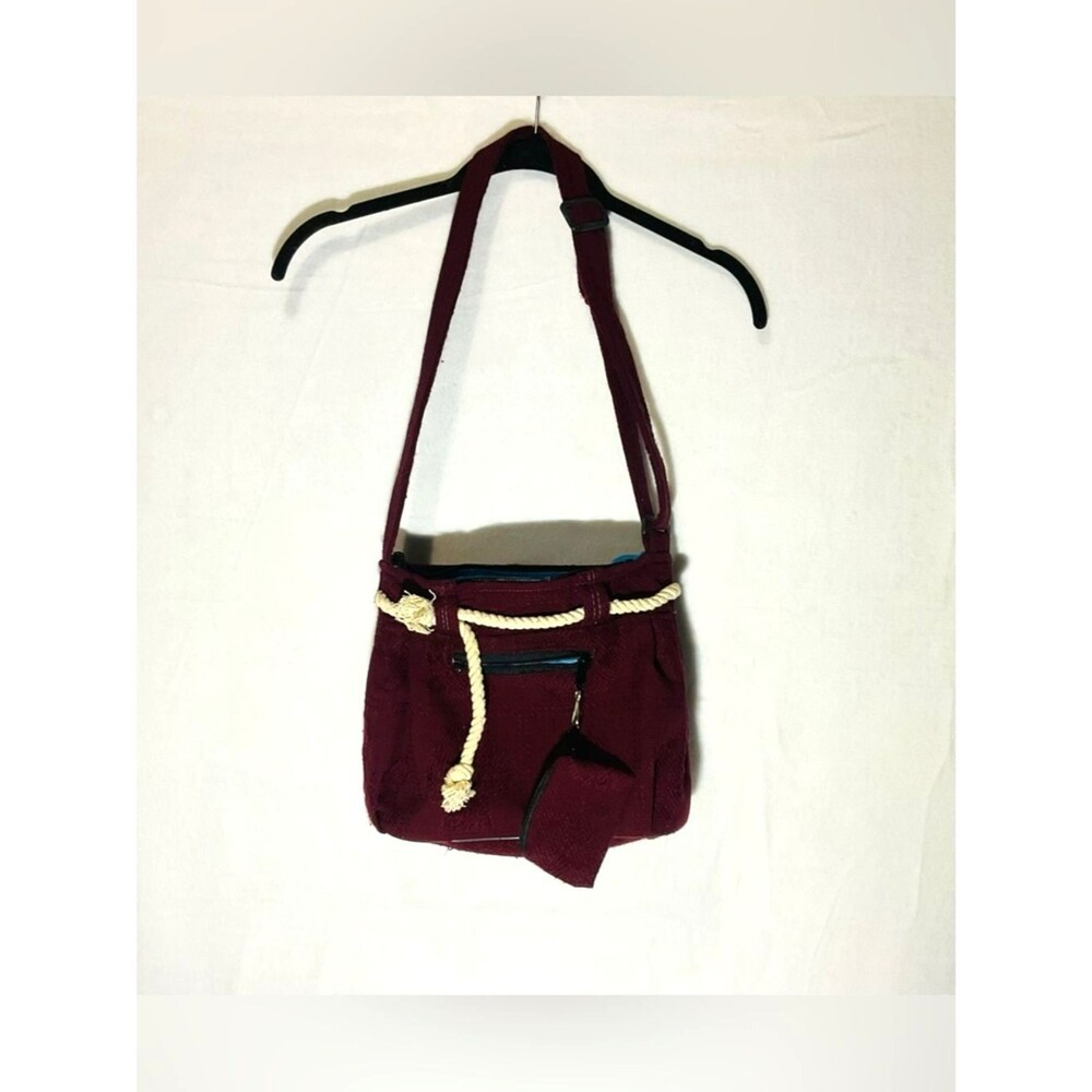 Boho Burgundy Canvas Crossbody Bag with Rope Detail & Matching Pouch